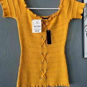 NWT Mustard yellow off the shoulder stretch knit shirt